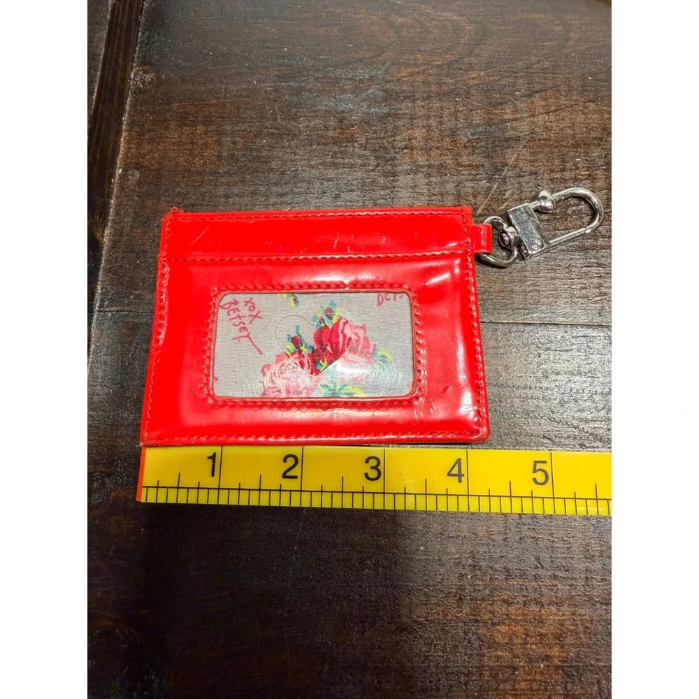 Betsey Johnson Red Patent Card‎ Holder Wallet Keychain ID Window Heart Logo
